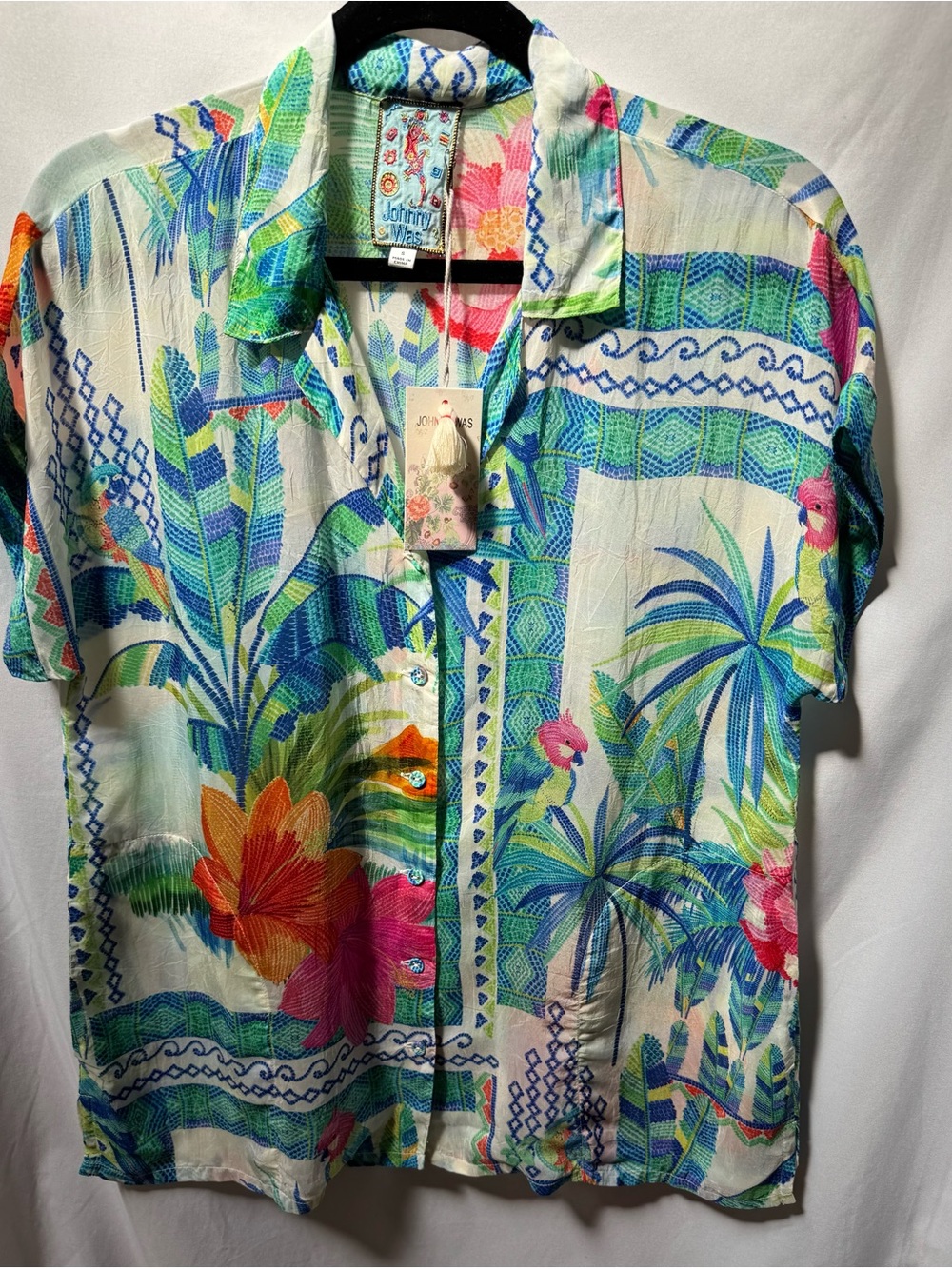 Johnny Was Melissa‎ Tropical Parrot Hibiscus Print Button Down Blouse Top NWT S